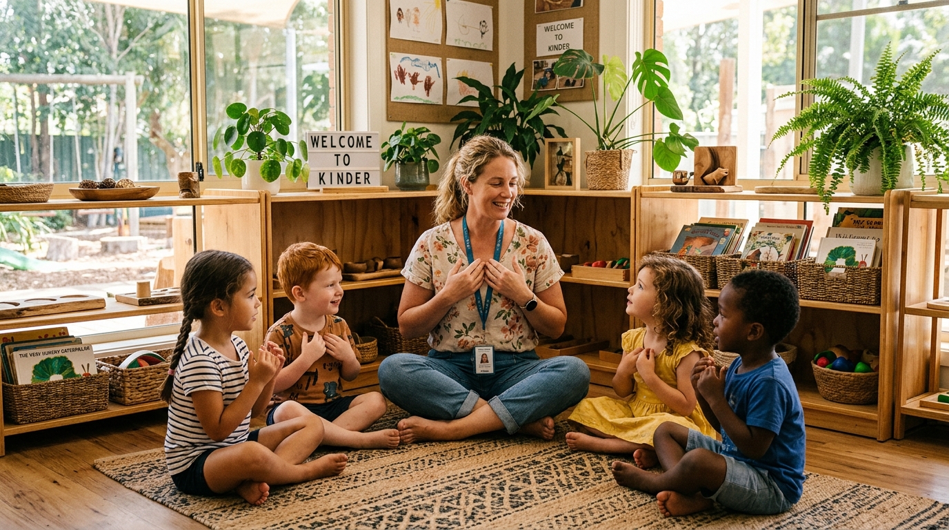 Practicing intentional breathing exercises together in a warm, natural Australian kindergarten setting.