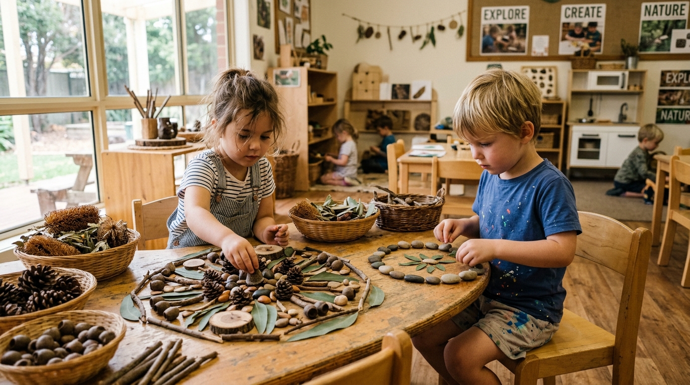 Two preschool children collaborating at a low timber table, arranging banksia pods, pinecones, and river stones into intricate radial patterns.
