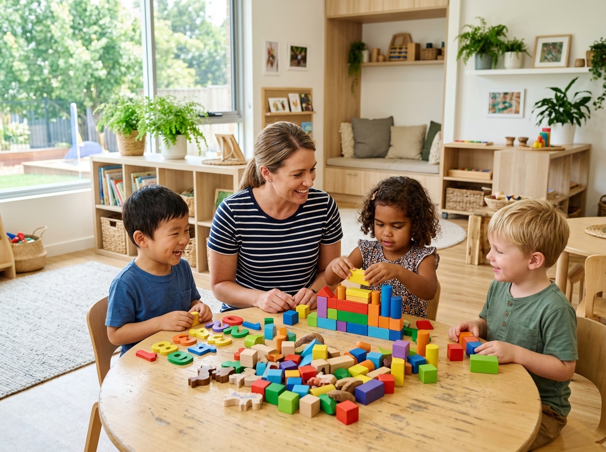 Early childhood teacher exploring colorful blocks with children in an Australian early learning setting