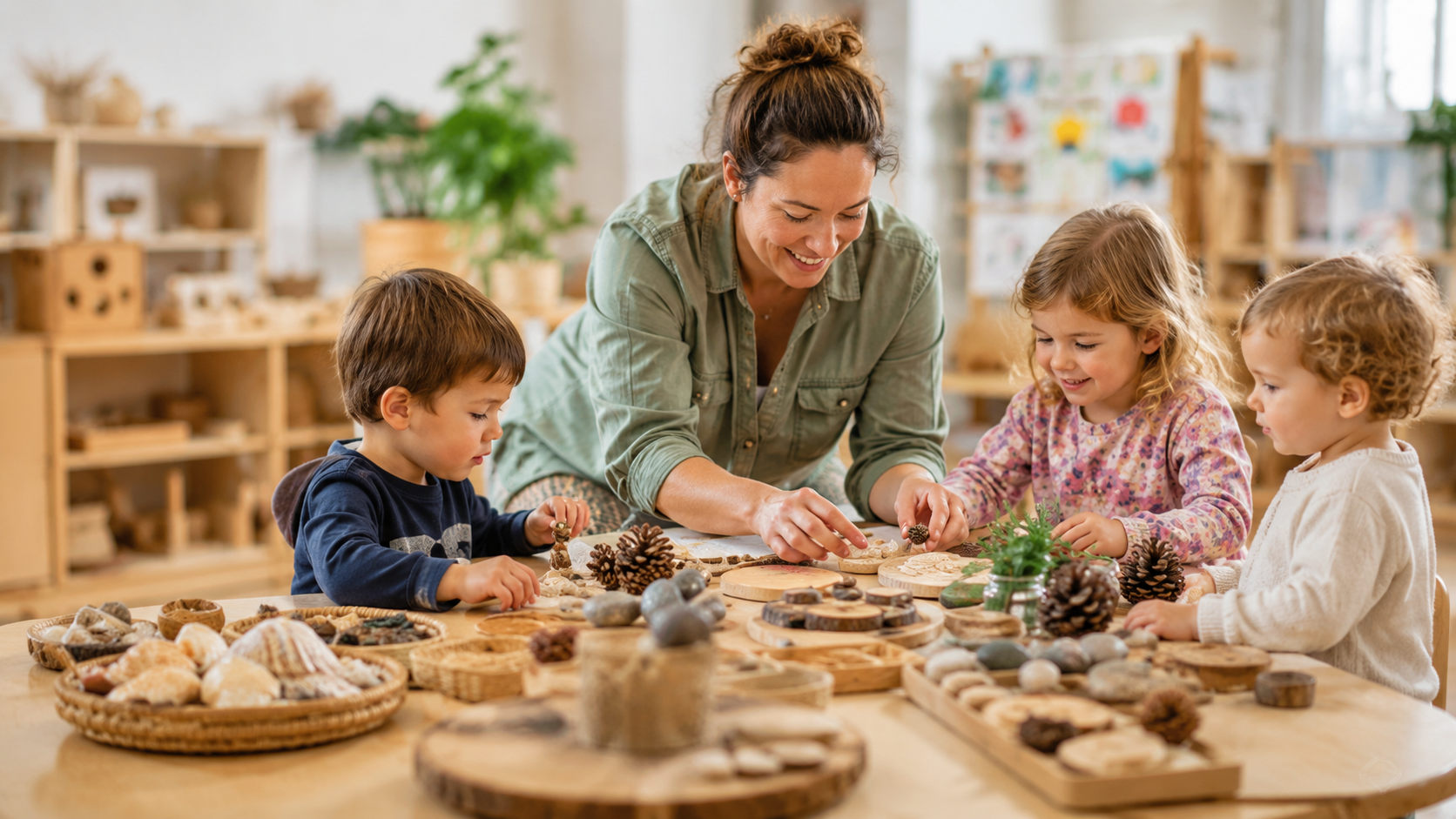 Early childhood educator exploring natural loose parts with children in an early learning environment